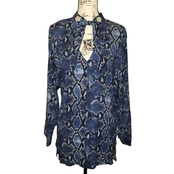 Zara Tops - ZARA Chiffon Tunic Blouse Womens MED Blue Snake Print Scarf Tie Viscose Top Edgy